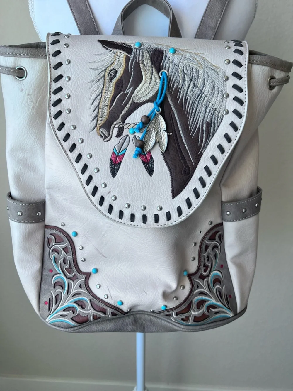 Horse Embroidered Backpack Vegan Leather 6-7 pockets